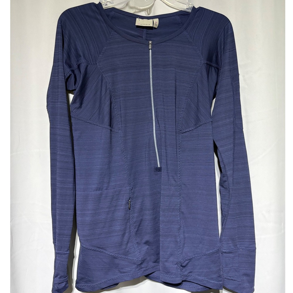Athleta Top Women MT Half Zip Navy Blue Ruched Back Thumbhole Excellent Workout